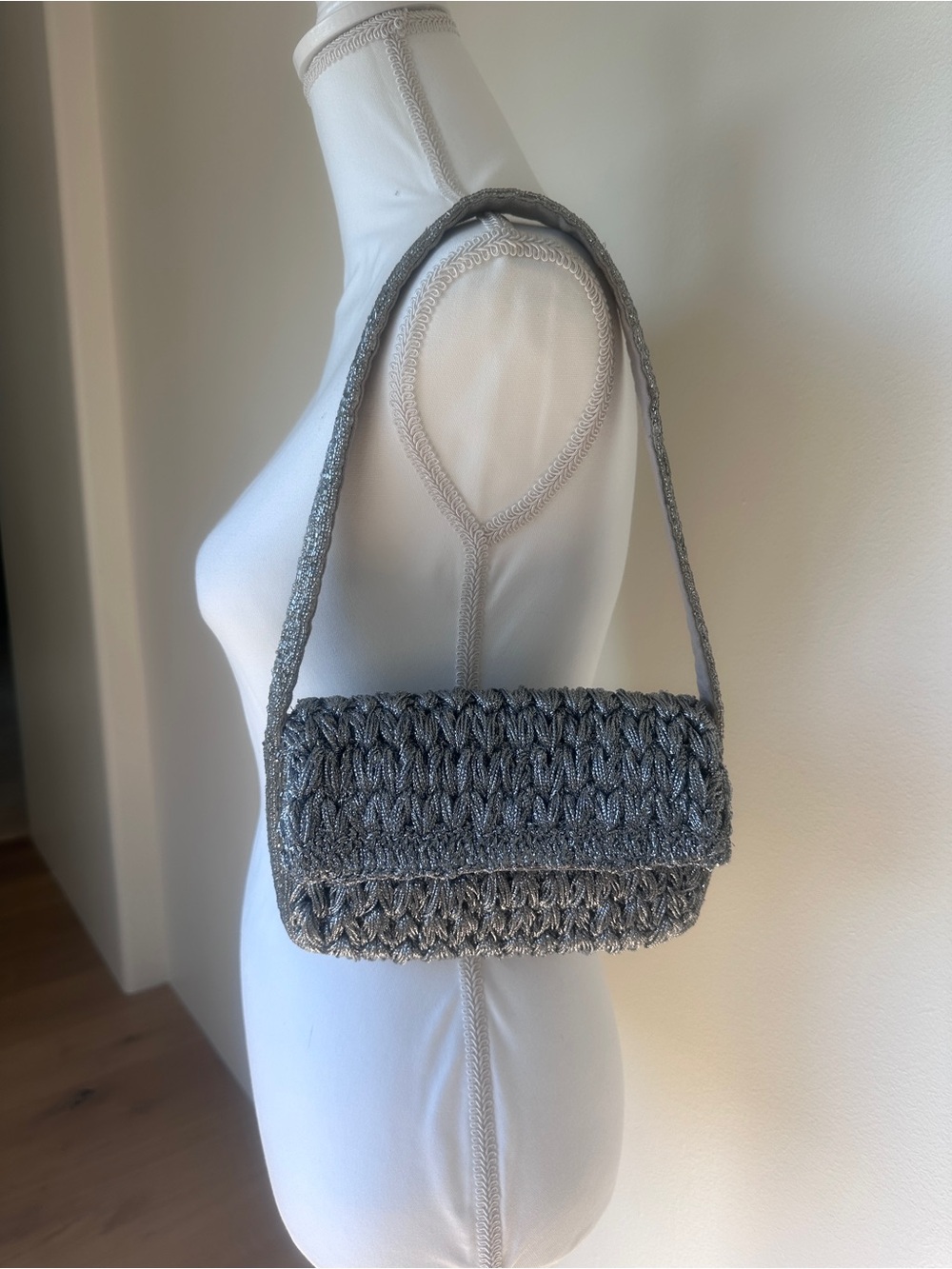 Maeve Anthropologie Metallic Silver Woven Shoulder Bag Purse